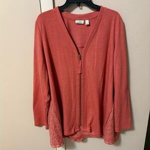 LOGO Lori Goldstein Lounge Coral Zip-Up Cardigan with Lace Detail Pockets Sz XL